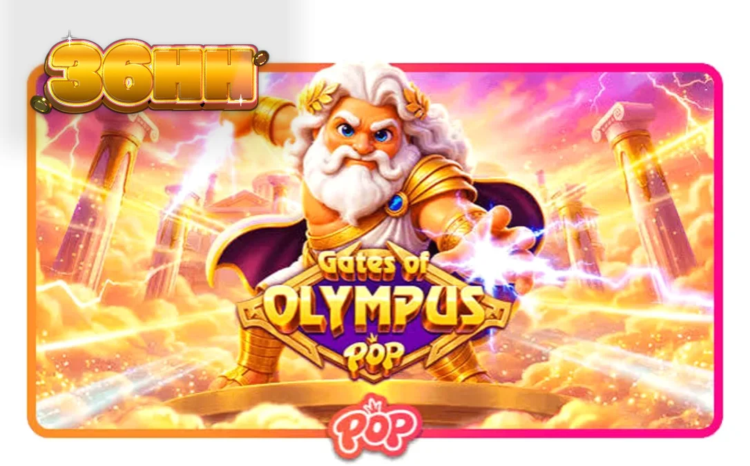 Interface do jogo Gates of Olympus POP com Zeus e símbolos de pedras preciosas